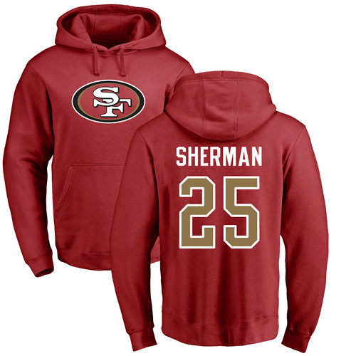Men San Francisco 49ers Red Richard Sherman Name and Number Logo 25 Pullover NFL Hoodie Sweatshirts